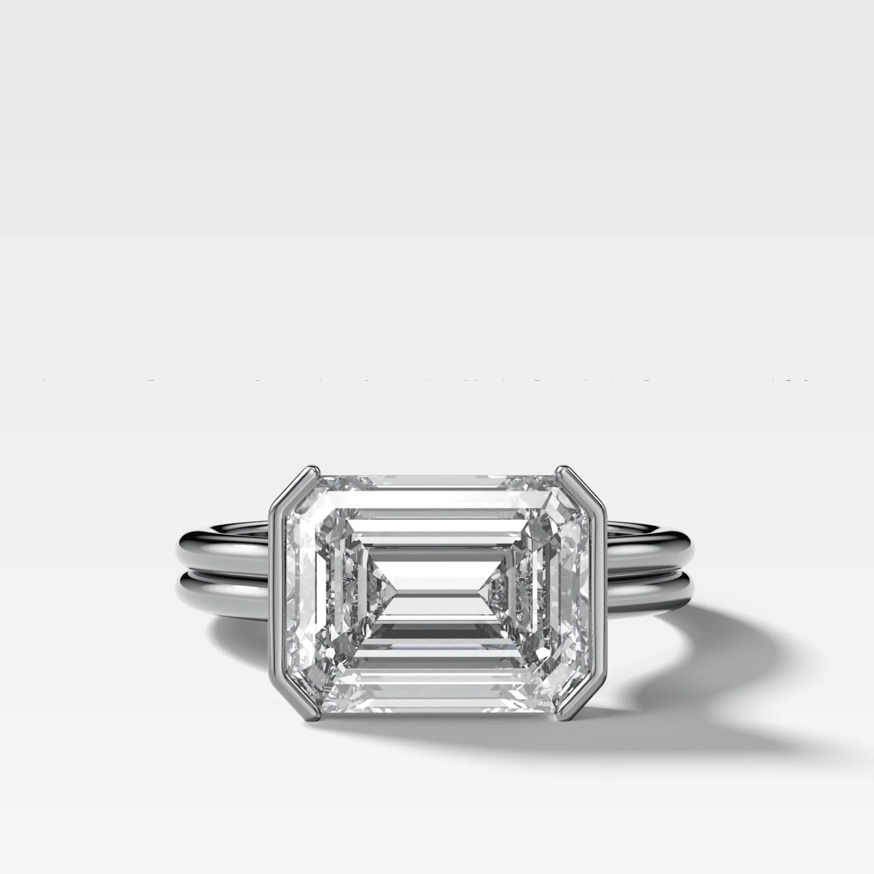 Double Row East West Half Bezel Solitaire Engagement Ring With Emerald Cut Diamond - Image 3