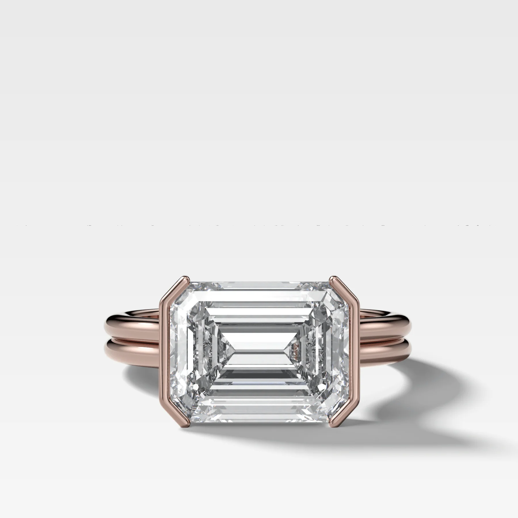 Double Row East West Half Bezel Solitaire Engagement Ring With Emerald Cut Diamond - Image 4