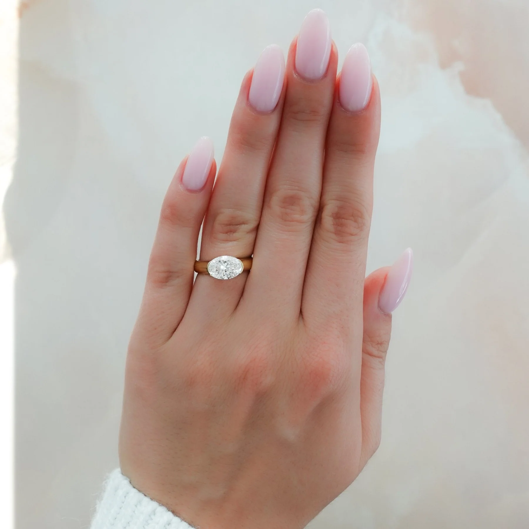 East West Half Bezel 4mm Solitaire Engagement Ring With Oval Cut Diamond - Image 3