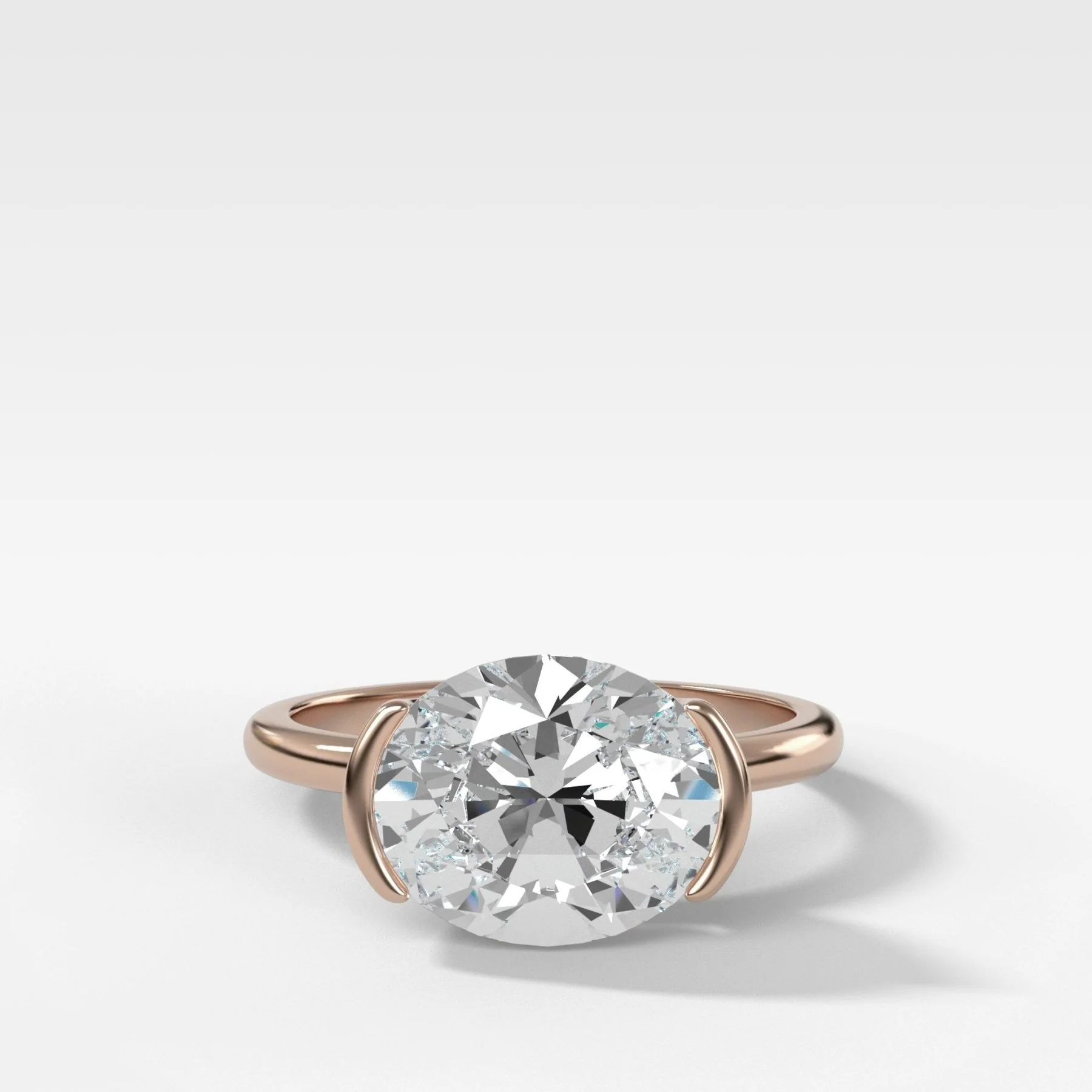 East West Half Bezel Solitaire Engagement Ring With Oval Cut Diamond - Image 4