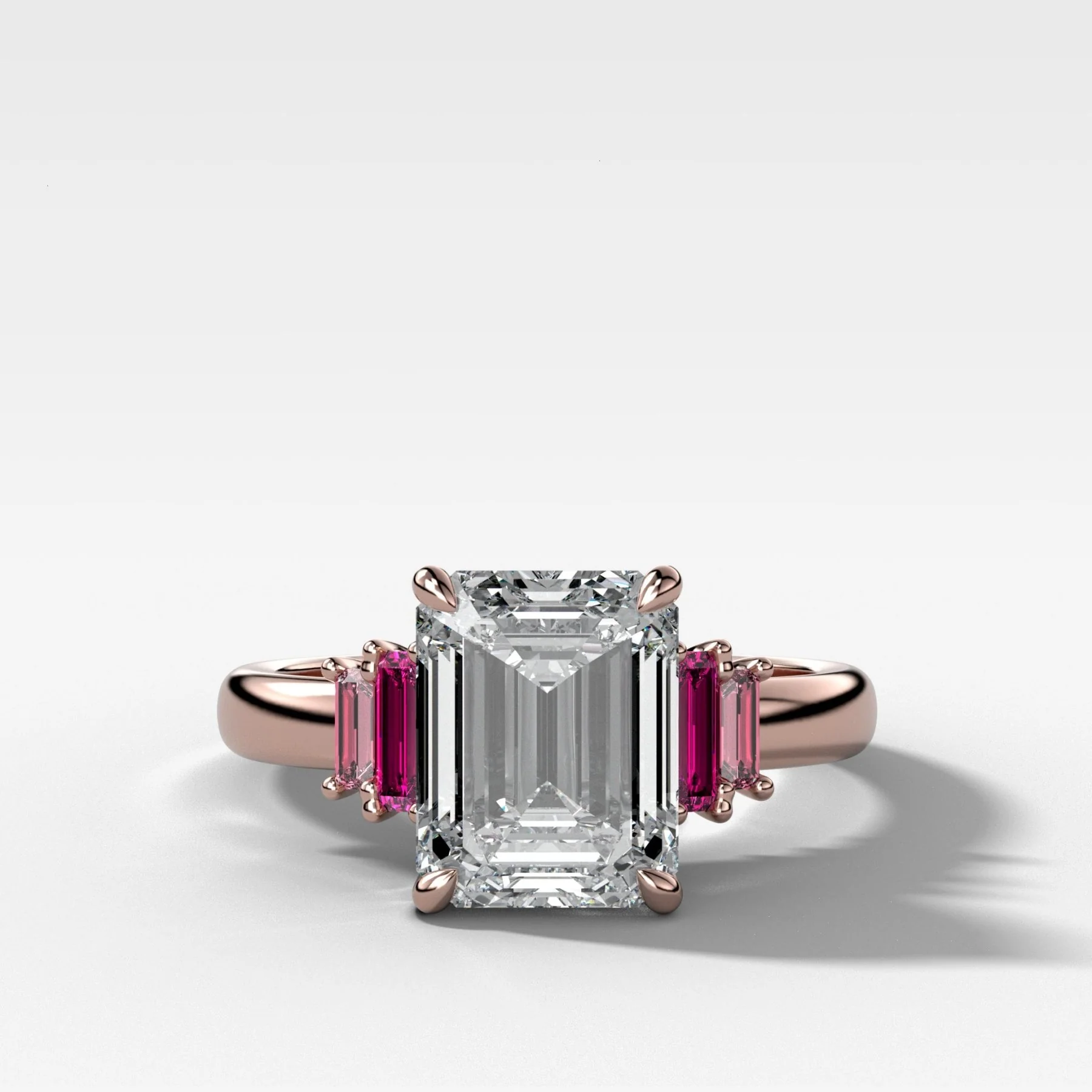 Five Stone Engagement Ring with Ruby and Pink Sapphire Baguette Side Stones and Emerald Cut Diamond - Image 3