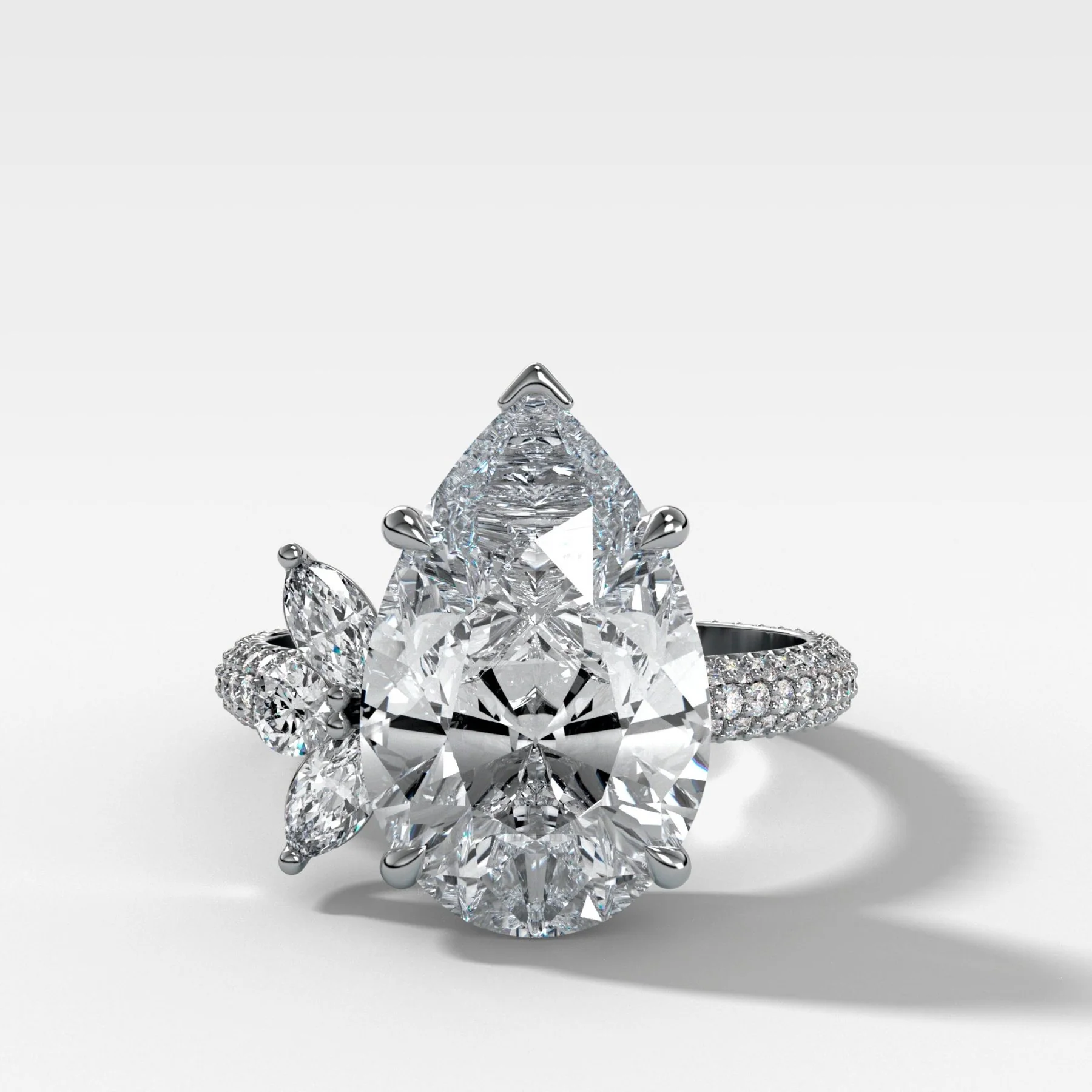Lotus Triple Row Pavé Engagement Ring With Pear Cut Diamond - Image 3