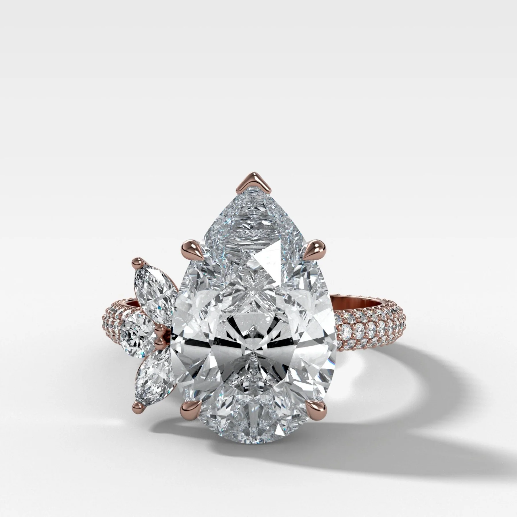 Lotus Triple Row Pavé Engagement Ring With Pear Cut Diamond - Image 4