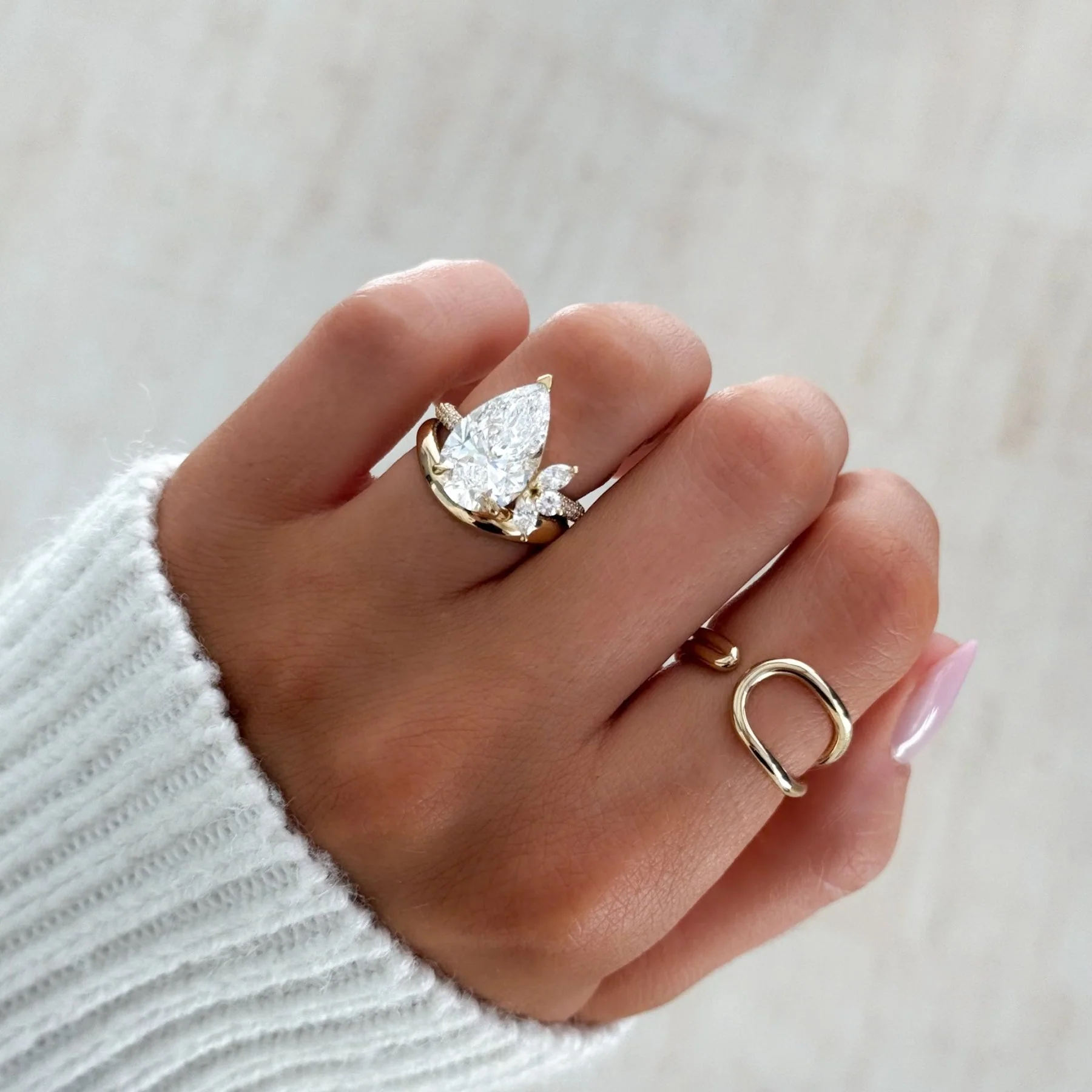 Lotus Triple Row Pavé Engagement Ring With Pear Cut Diamond - Image 5