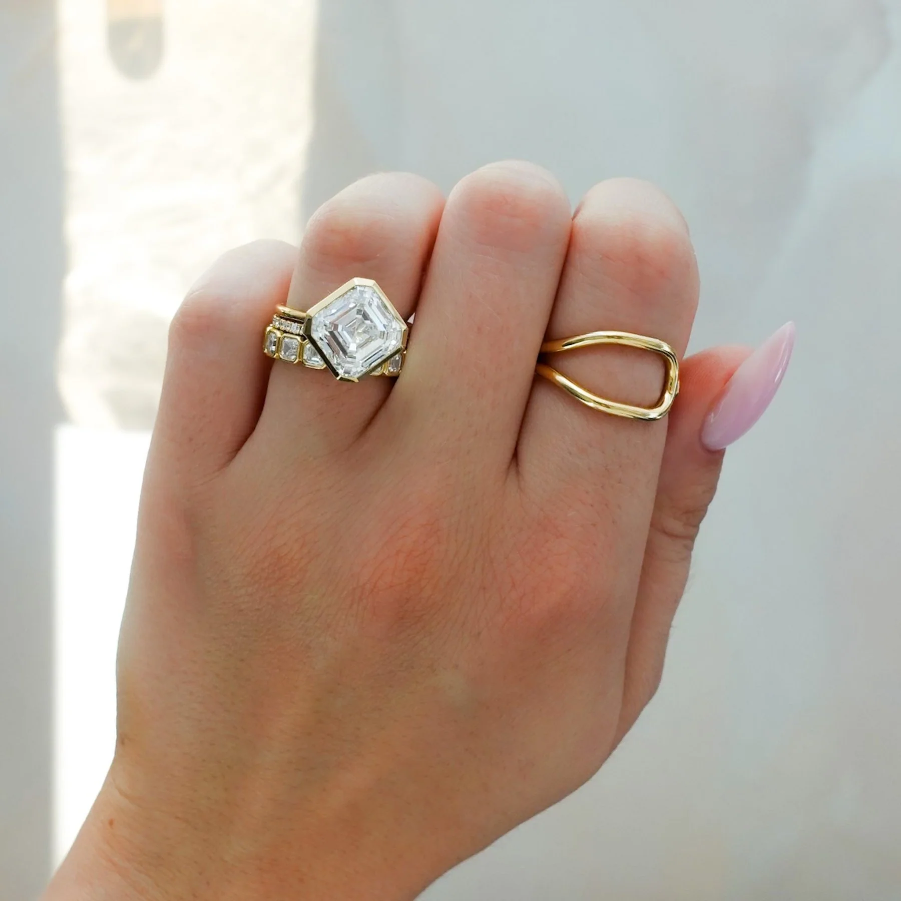 Penumbra Bezel Set Engagement Ring With Tilted Asscher Cut - Image 6