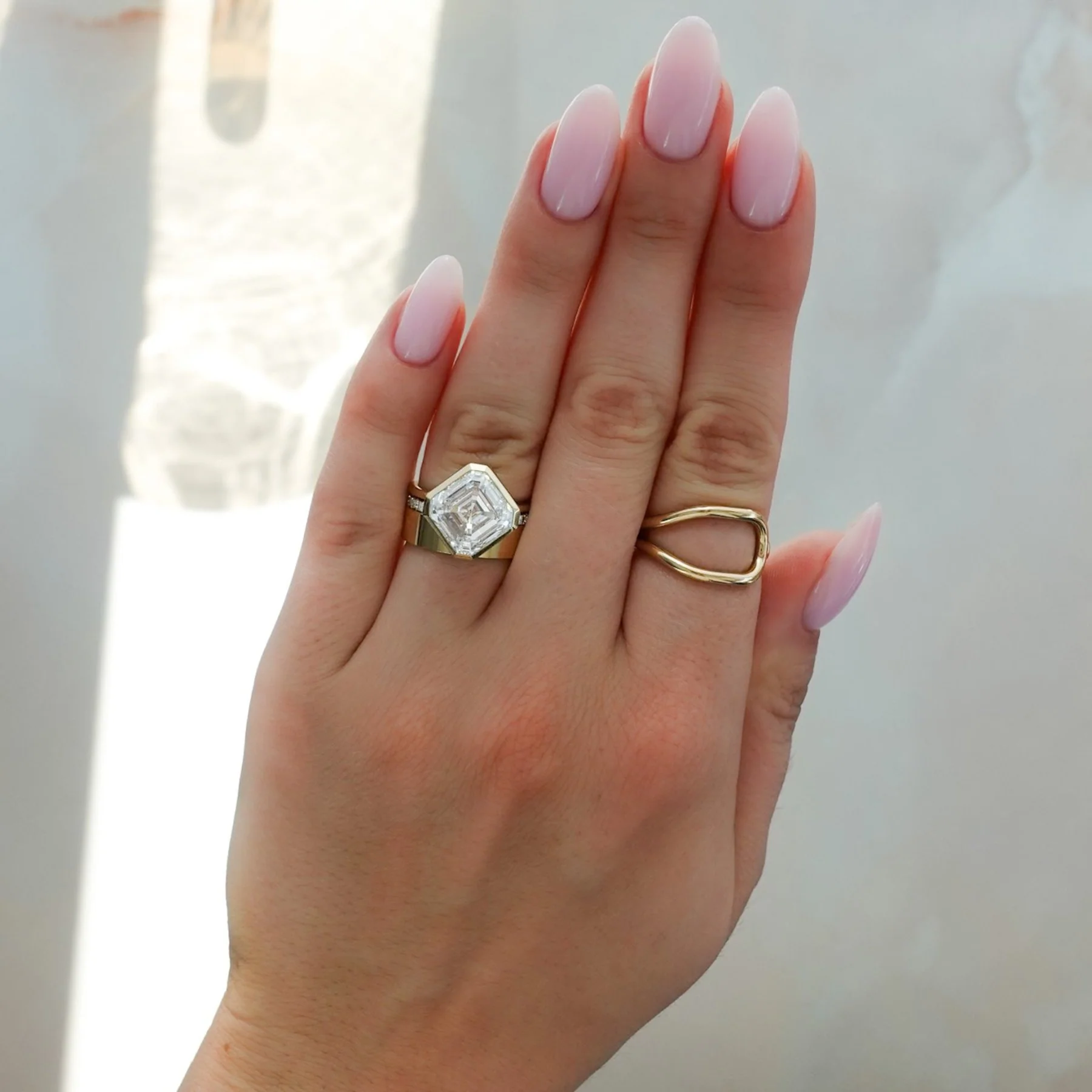 Penumbra Bezel Set Engagement Ring With Tilted Asscher Cut - Image 8