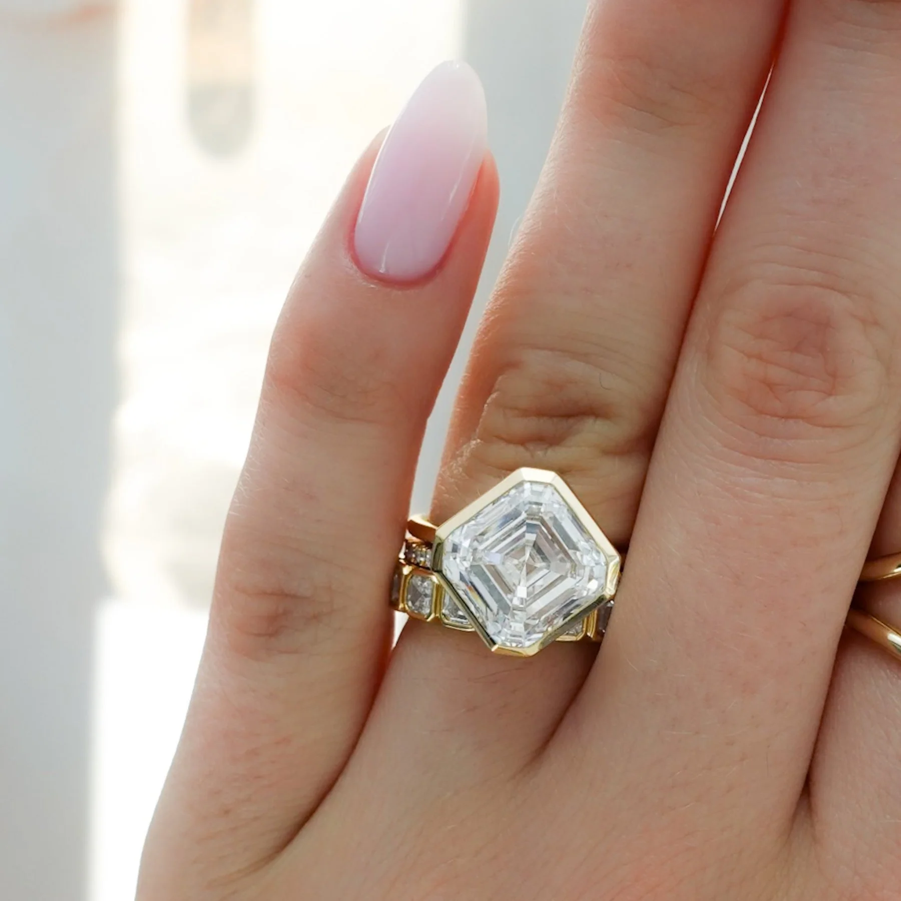 Penumbra Bezel Set Engagement Ring With Tilted Asscher Cut - Image 9