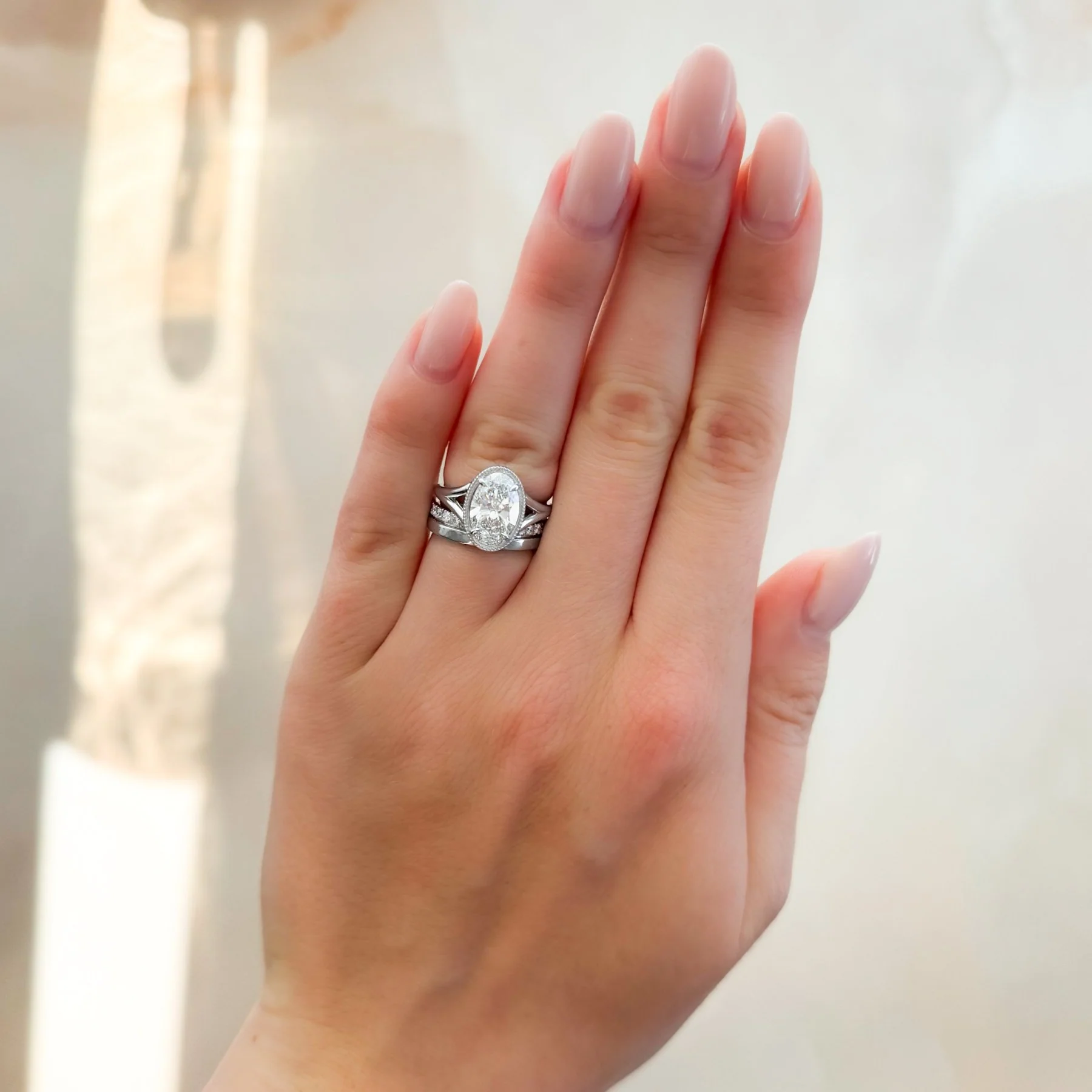 Split Shank Milgrain Bezel Engagement Ring with Oval Cut Diamond - Image 5