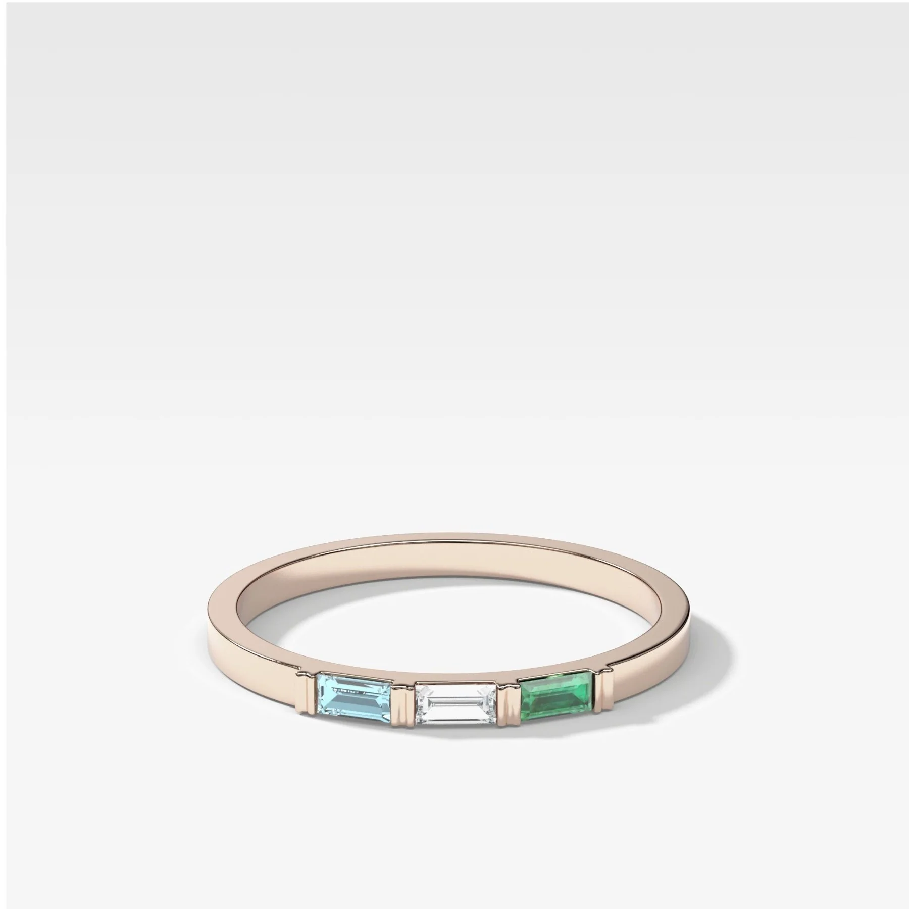 Three Stone Baguette Wedding Band with Green Emerald and Aquamarine Gemstones - Image 3