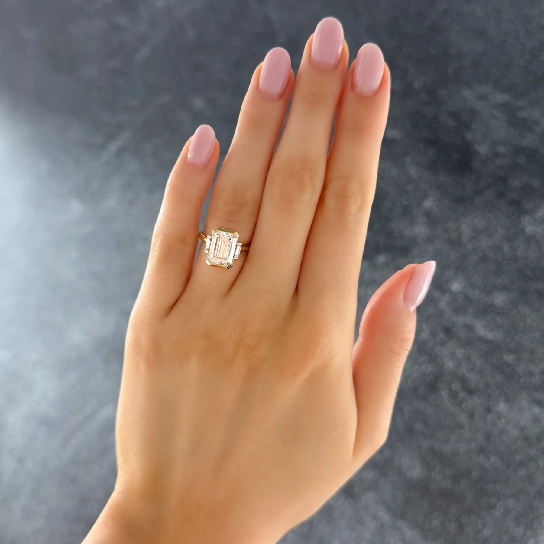 Three Stone Half Bezel Engagement Ring with Mini Baguette Side Stones and Emerald Cut Diamond No.1 - Image 3