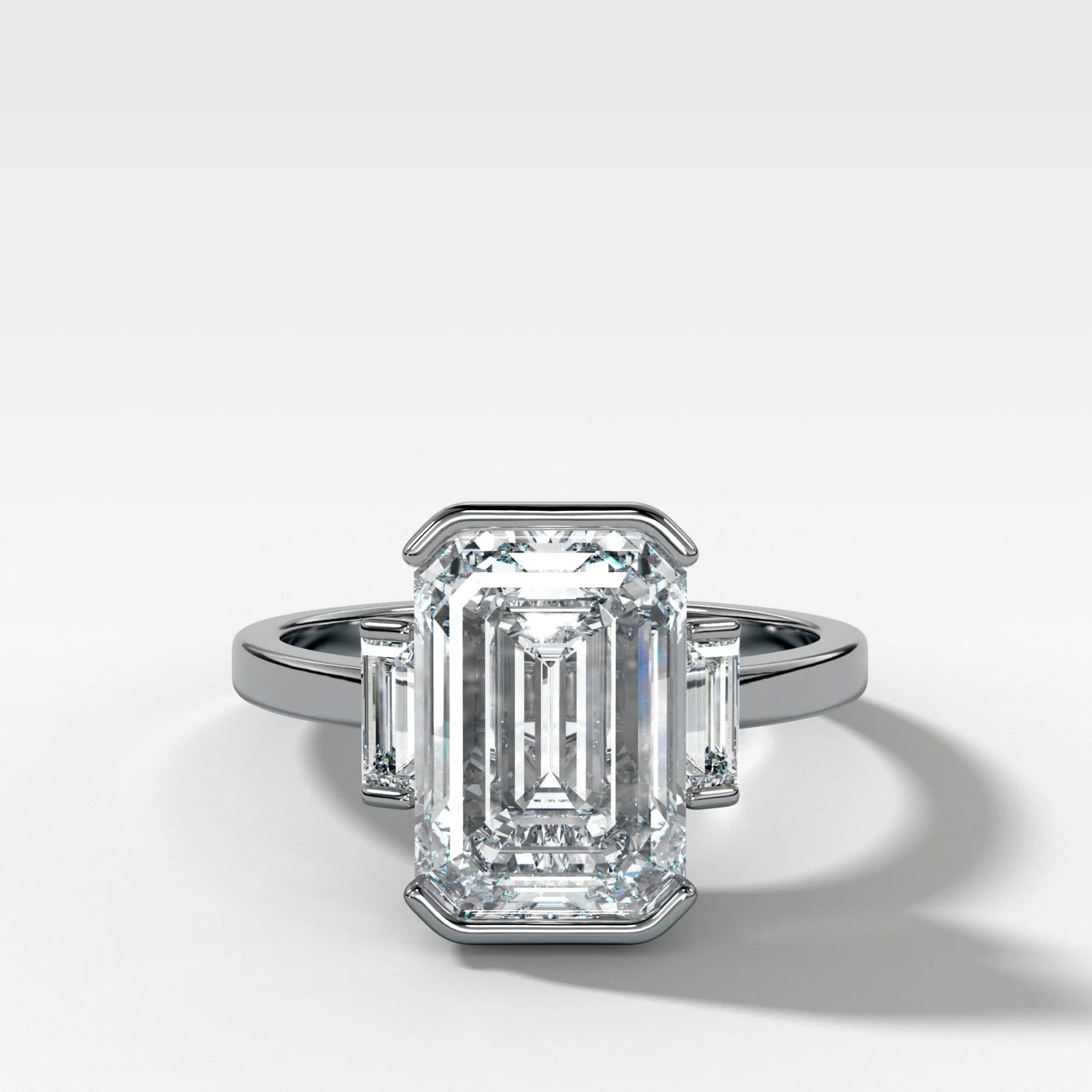 Three Stone Half Bezel Engagement Ring with Mini Baguette Side Stones and Emerald Cut Diamond No.1 - Image 4