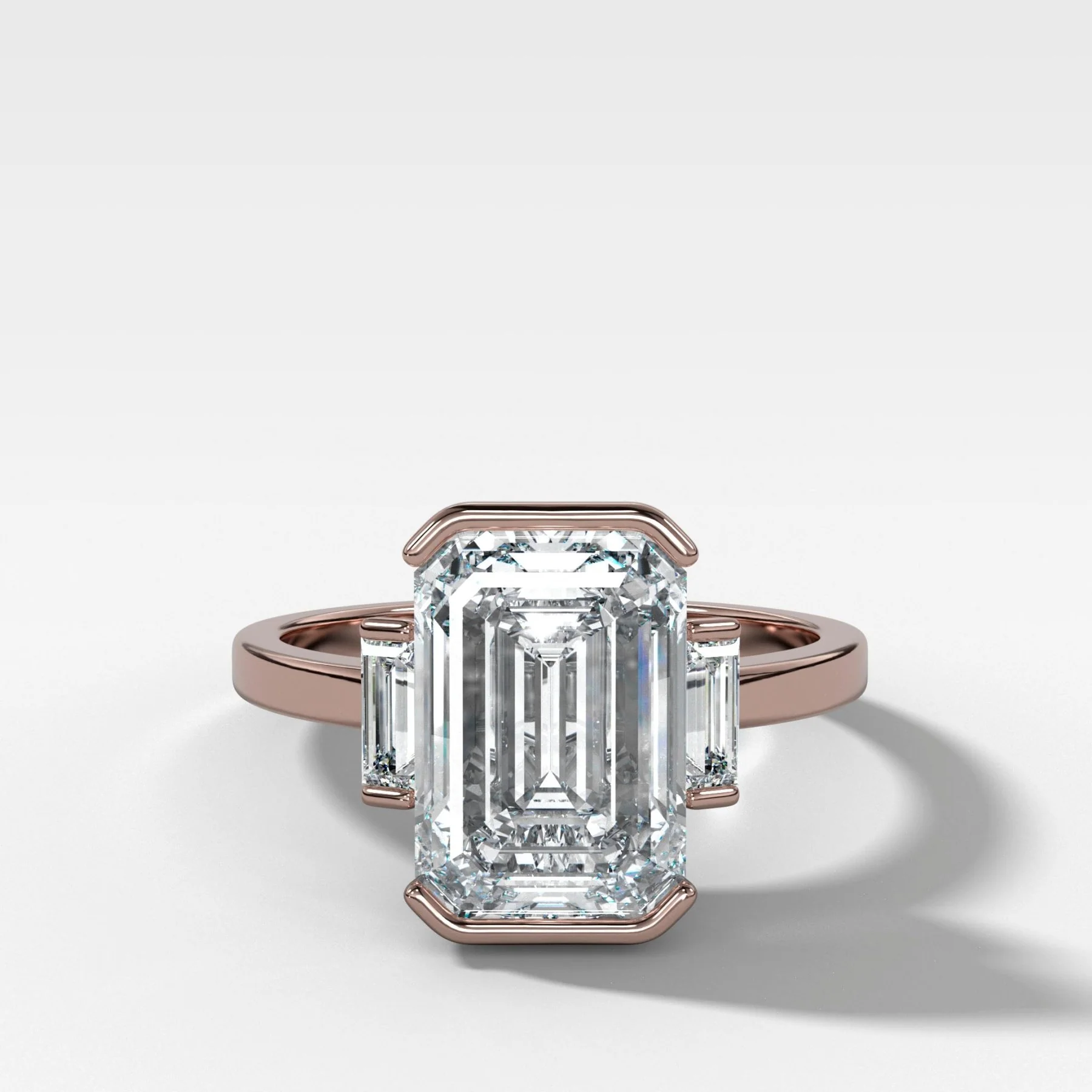 Three Stone Half Bezel Engagement Ring with Mini Baguette Side Stones and Emerald Cut Diamond No.1 - Image 5