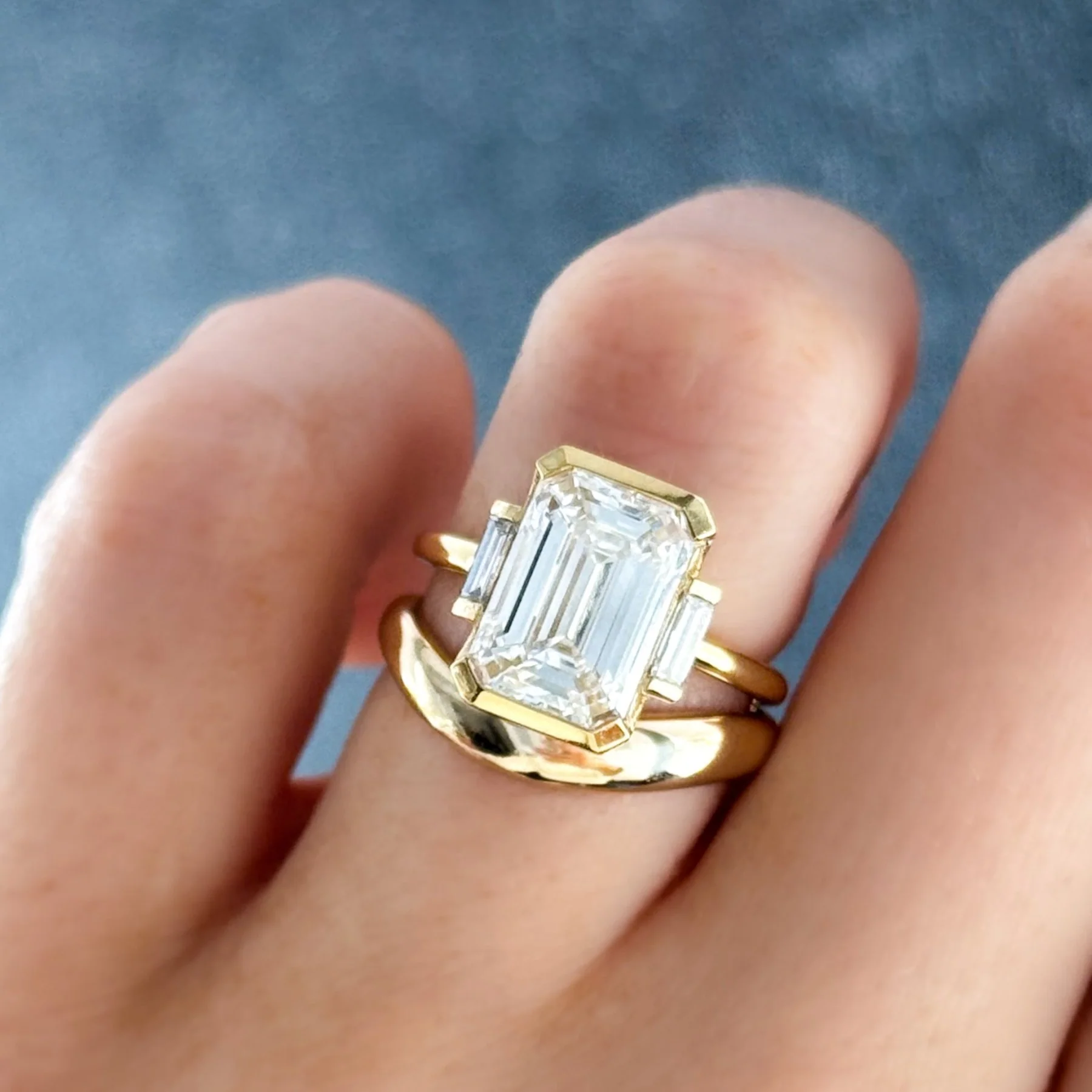Three Stone Half Bezel Engagement Ring with Mini Baguette Side Stones and Emerald Cut Diamond No.1 - Image 6