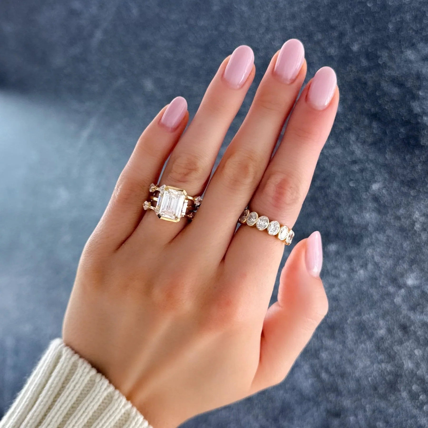 Three Stone Half Bezel Engagement Ring with Mini Baguette Side Stones and Emerald Cut Diamond No.1 - Image 7