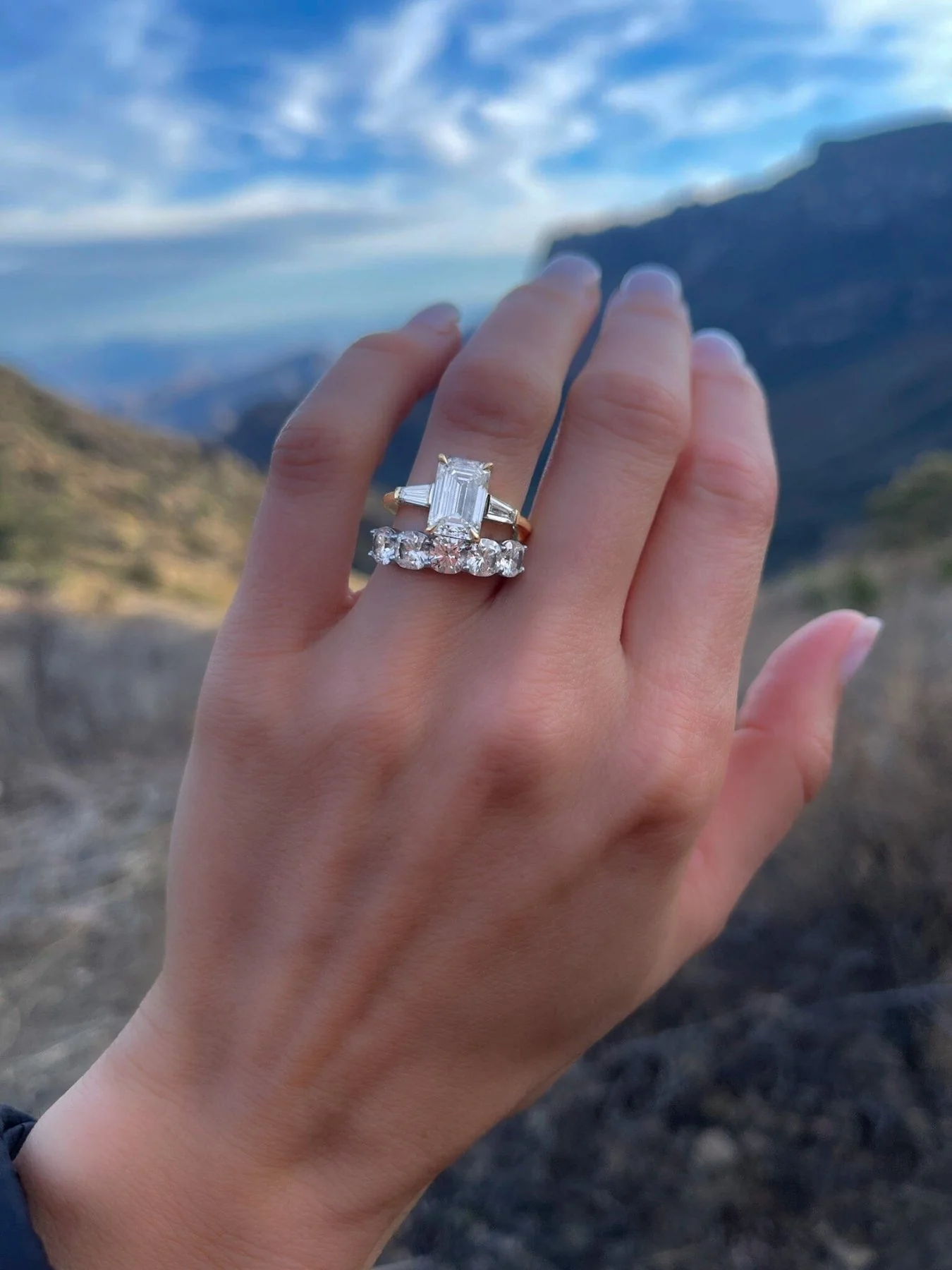 Translunar Tapered Baguette Engagement Ring With North South Emerald Cut Diamond - Image 7